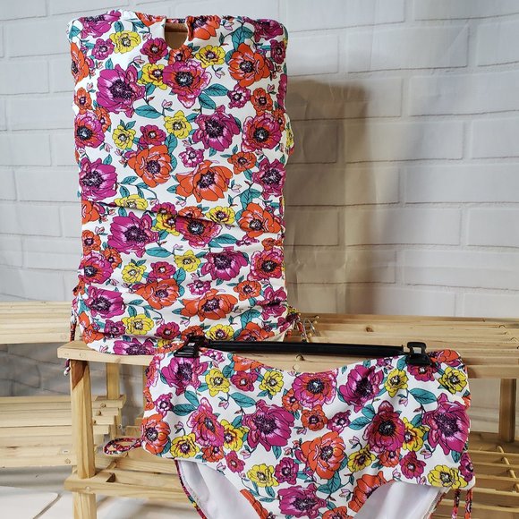 Jones New York Pink Floral 2 Piece Swimsuit Bathing Suit L M Halter High Waist - Picture 2 of 11